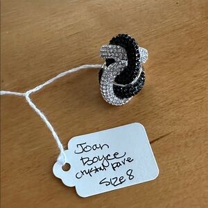 Joan Boyce Black and Silver Crystal Pave Knot Ring Size 8